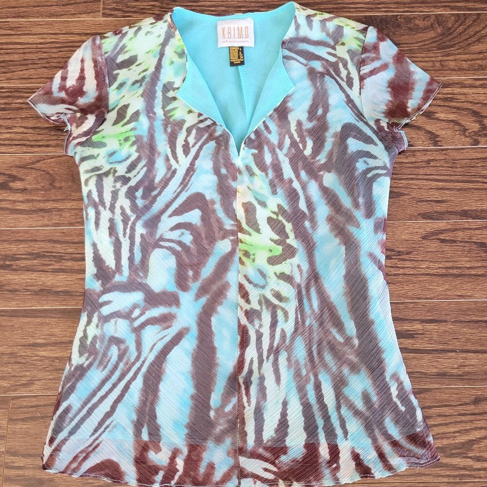 KHIMO Vintage Blue Zebra Print Multicolor 90s Split Neck Short Sleeve Y2K Sz 4